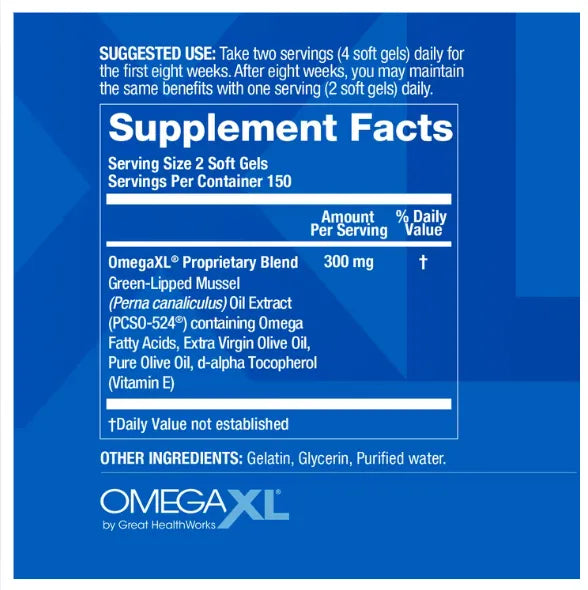 OmegaXL, Green Lipped Mussel, Mussel Oil, Omega Supplement, Joint Support, Joint Health, Omega 3, Softgels, 300 Softgels, Dietary Supplement, Wellness, Mobility Support